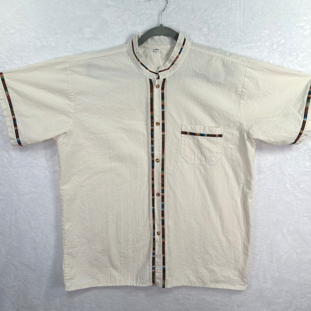 Guayabera Style Shirt Mens XL Cream Short Sleeve Button Up Tribal Trim